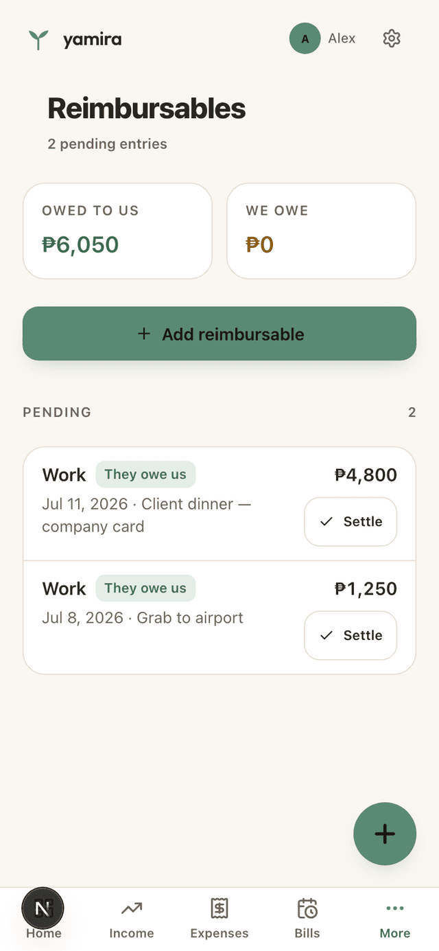 Yamira reimbursables screen with pending amounts owed to the household
